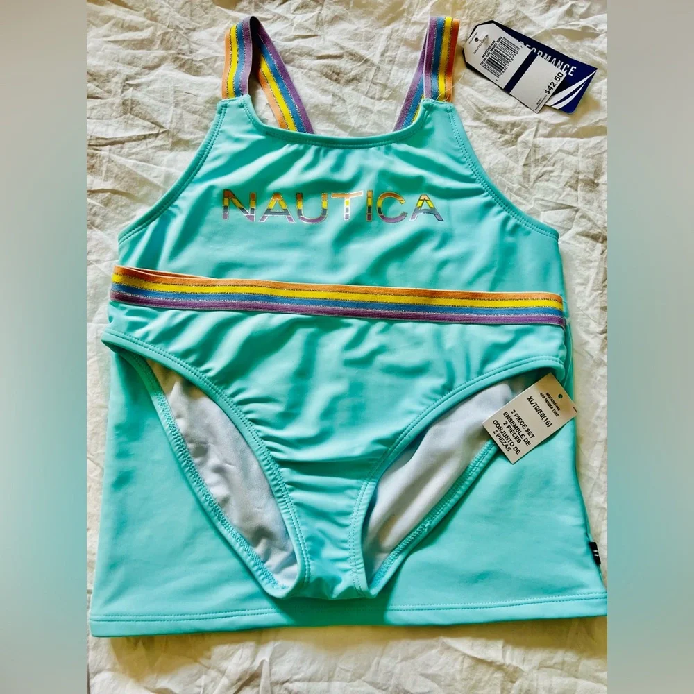 Nautica Girls' Two-piece‎ Swimsuit Set Aqua Blue with Rainbow Striped Straps XL